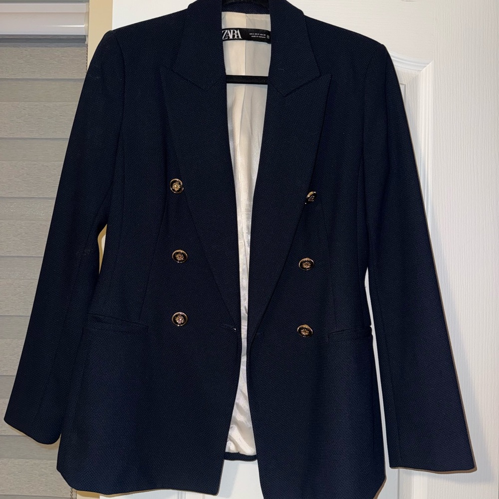 Zara Navy Double-Breasted Blazer with Gold Buttons